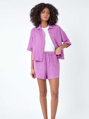 Dusk Purple 100% Cotton Tie Detail Shorts - Image 2 of 5