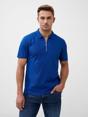 French Connection Blue Short Sleeve Pique Zip 100% Cotton Polo Shirt - Image 1 of 3