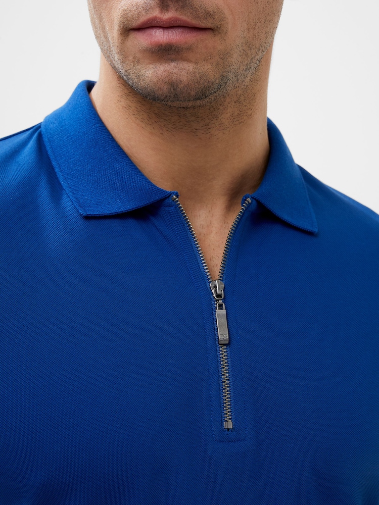 French Connection Blue Short Sleeve Pique Zip 100% Cotton Polo Shirt - Image 3 of 3