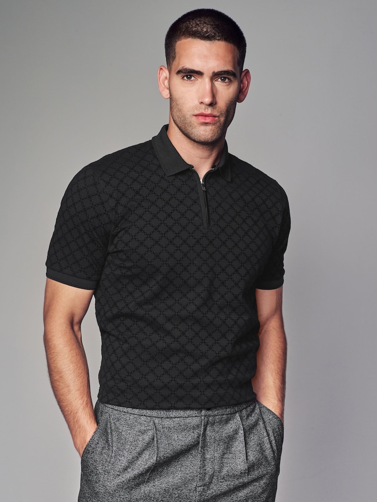 Black Flocked Quarter Zip 100% Cotton Polo Shirt - Image 1 of 8