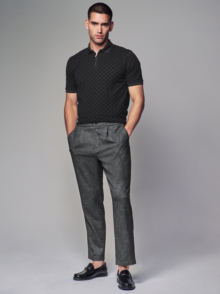 Black Flocked Quarter Zip 100% Cotton Polo Shirt - Image 2 of 8