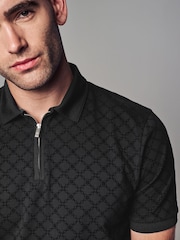 Black Flocked Quarter Zip 100% Cotton Polo Shirt - Image 4 of 8