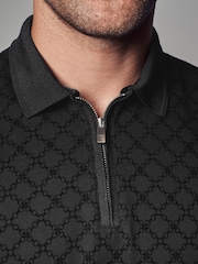 Black Flocked Quarter Zip 100% Cotton Polo Shirt - Image 5 of 8