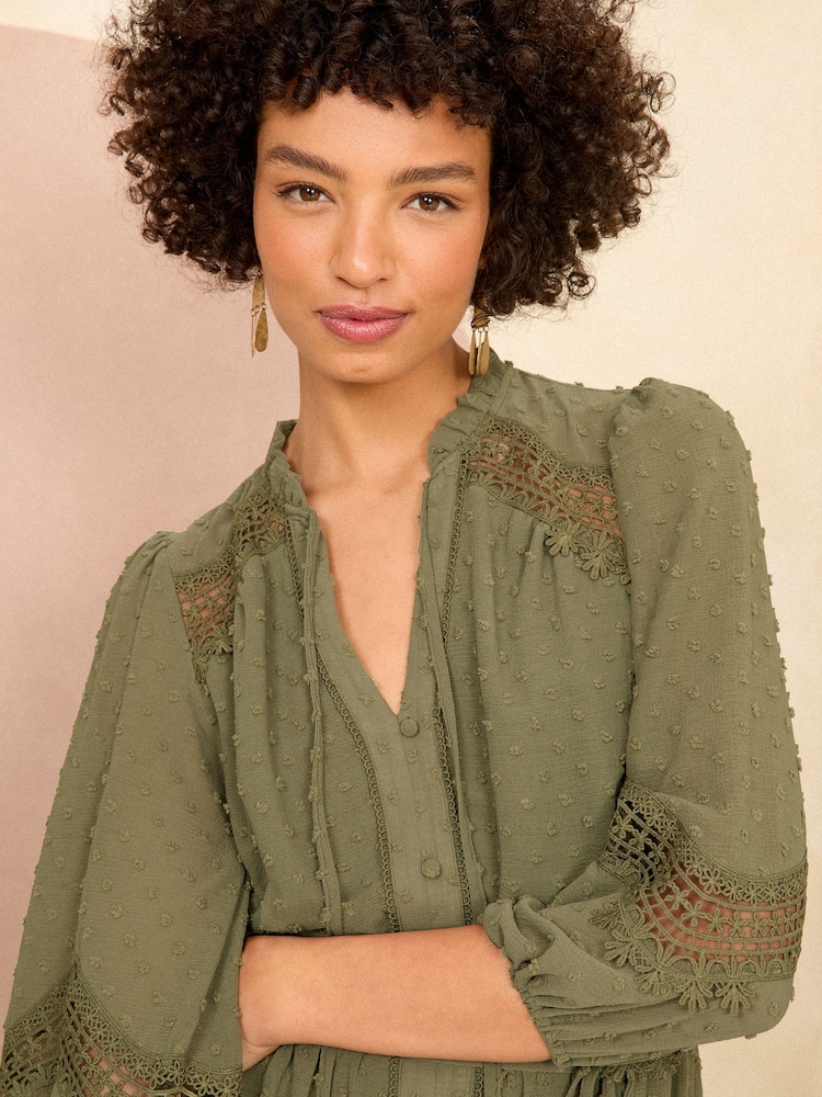 Love & Roses Khaki Green Dobby Lace Detail 3/4 Sleeve Mini Dress - Image 2 of 4 Love & Roses Khaki Green Dobby Lace Detail 3/4 Sleeve Mini Dress - Image 2 of 4