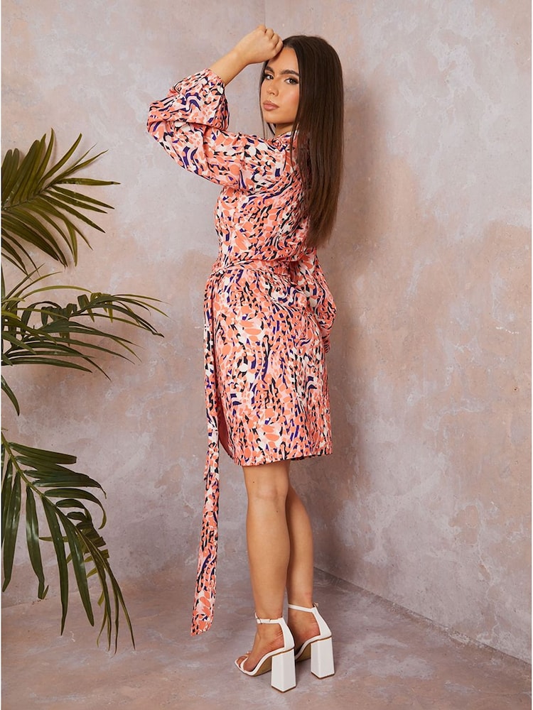 Chi Chi London Pink Long Sleeve Wrap Detail Abstract Print Shirt Dress - Image 2 of 2
