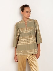 Greek Archaic Kori Blue 100% Cotton Embroidered Blouse - Image 1 of 3