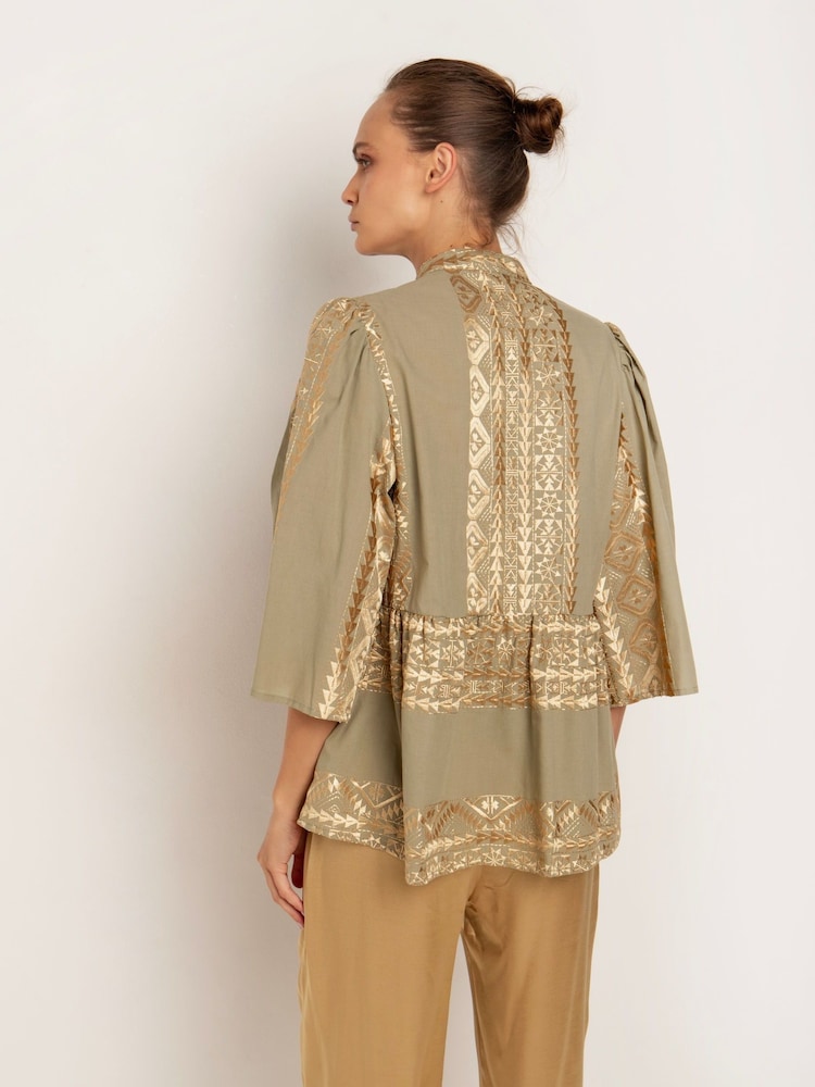 Greek Archaic Kori Blue 100% Cotton Embroidered Blouse - Image 2 of 3