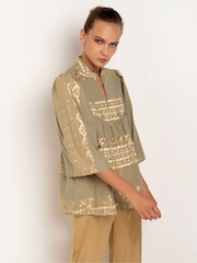 Greek Archaic Kori Blue 100% Cotton Embroidered Blouse - Image 3 of 3