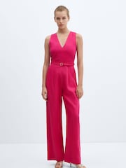 Mango Pink Linen Jumpsuit With Belt - Image 1 of 7