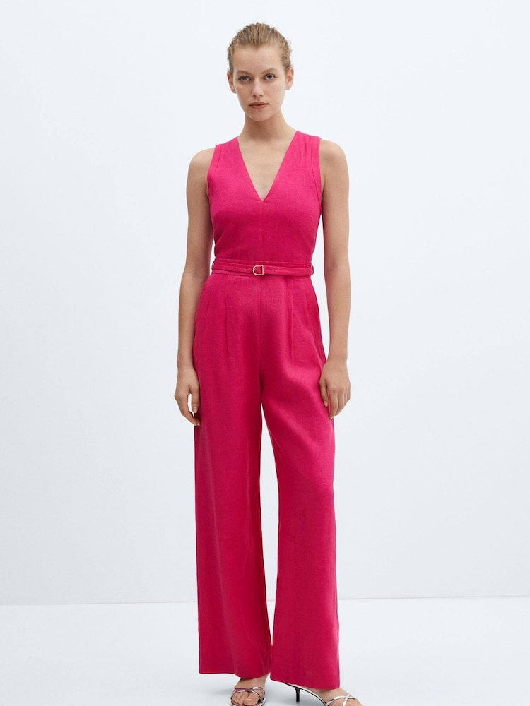 Mango Pink Linen Jumpsuit With Belt - Image 1 of 7