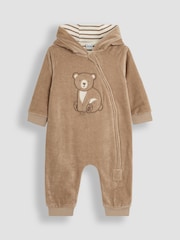 JoJo Maman Bébé Mocha Brown Bear Appliqué Zip Up Hooded Romper - Image 1 of 3