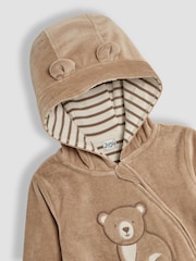 JoJo Maman Bébé Mocha Brown Bear Appliqué Zip Up Hooded Romper - Image 3 of 3