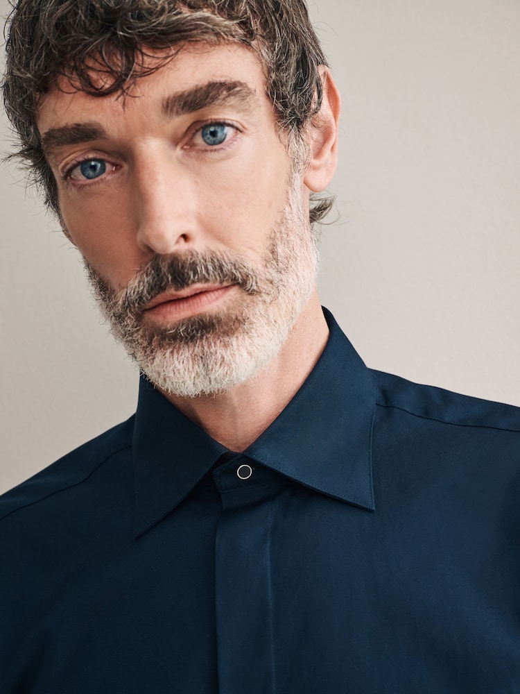 Navy Blue Occasion Signature Slim Double Cuff 100% Pima Cotton Dress Shirt With Cutaway Collar - Image 4 of 5