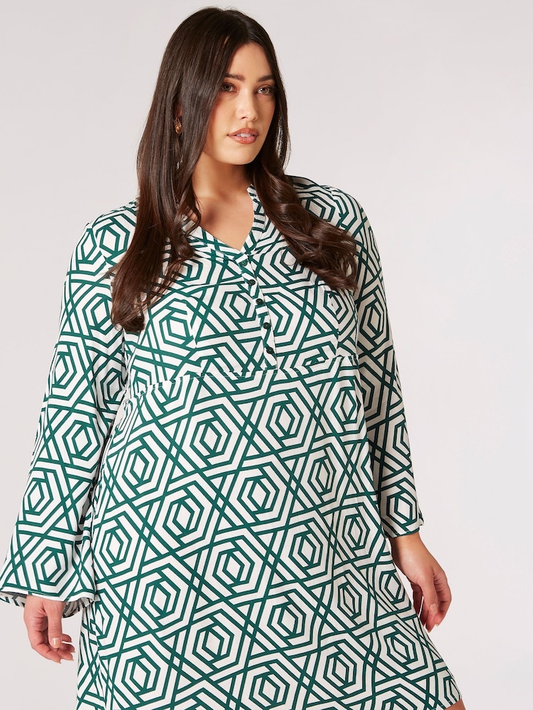 Apricot Green Retro Geo Bell Sleeve Dress - Image 1 of 4