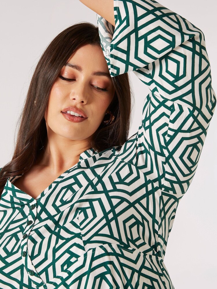 Apricot Green Retro Geo Bell Sleeve Dress - Image 4 of 4
