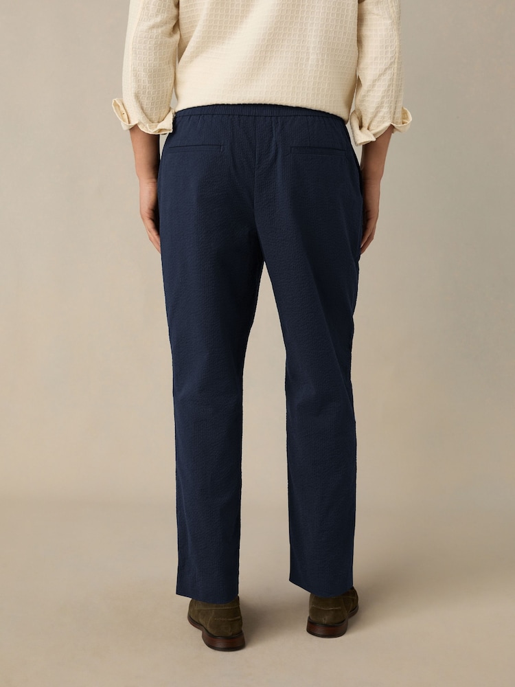 Navy Blue Regular Fit Smart Seersucker Trousers With Elasticated Waistband - Image 3 of 5