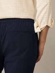 Navy Blue Regular Fit Smart Seersucker Trousers With Elasticated Waistband - Image 4 of 5