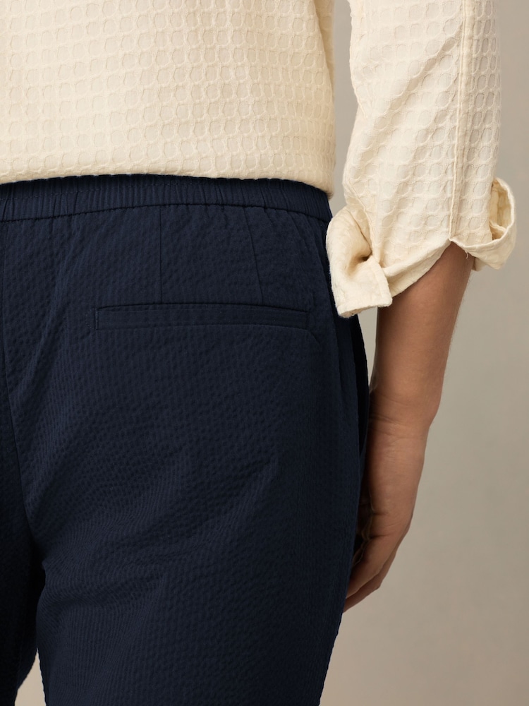 Navy Blue Regular Fit Smart Seersucker Trousers With Elasticated Waistband - Image 4 of 5