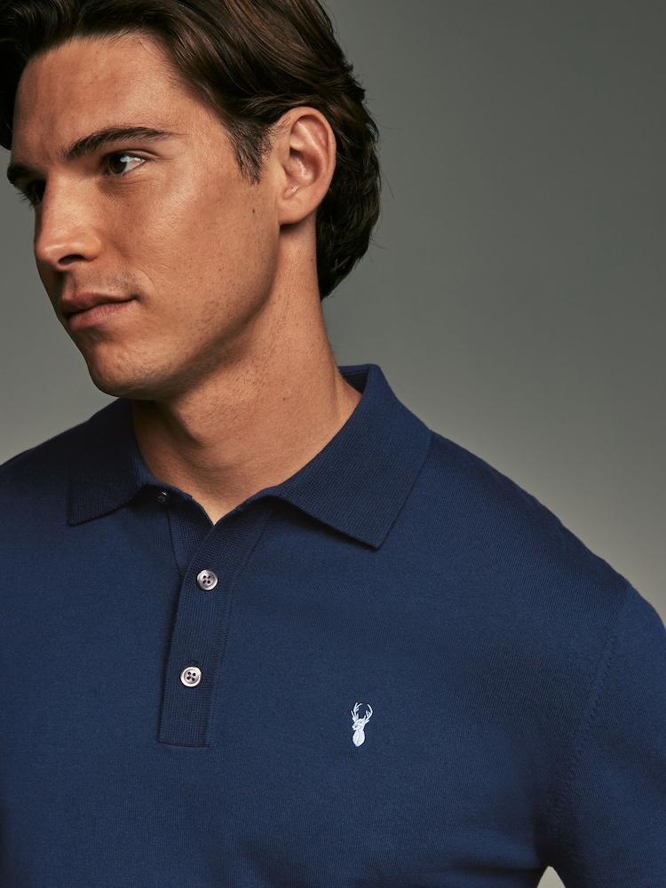 Blaues/marineblaues Hirsch-Logo - Langärmeliges Polo-Shirt aus Feinstrick - Bild 1 von 8 Blaues/marineblaues Hirsch-Logo - Langärmeliges Polo-Shirt aus Feinstrick - Bild 1 von 8
