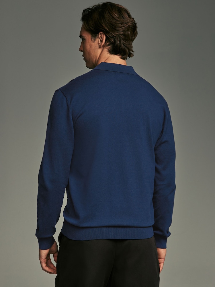 Blue Navy Stag Logo Regular Fit Knitted Long Sleeve Polo Shirt - Image 3 of 8