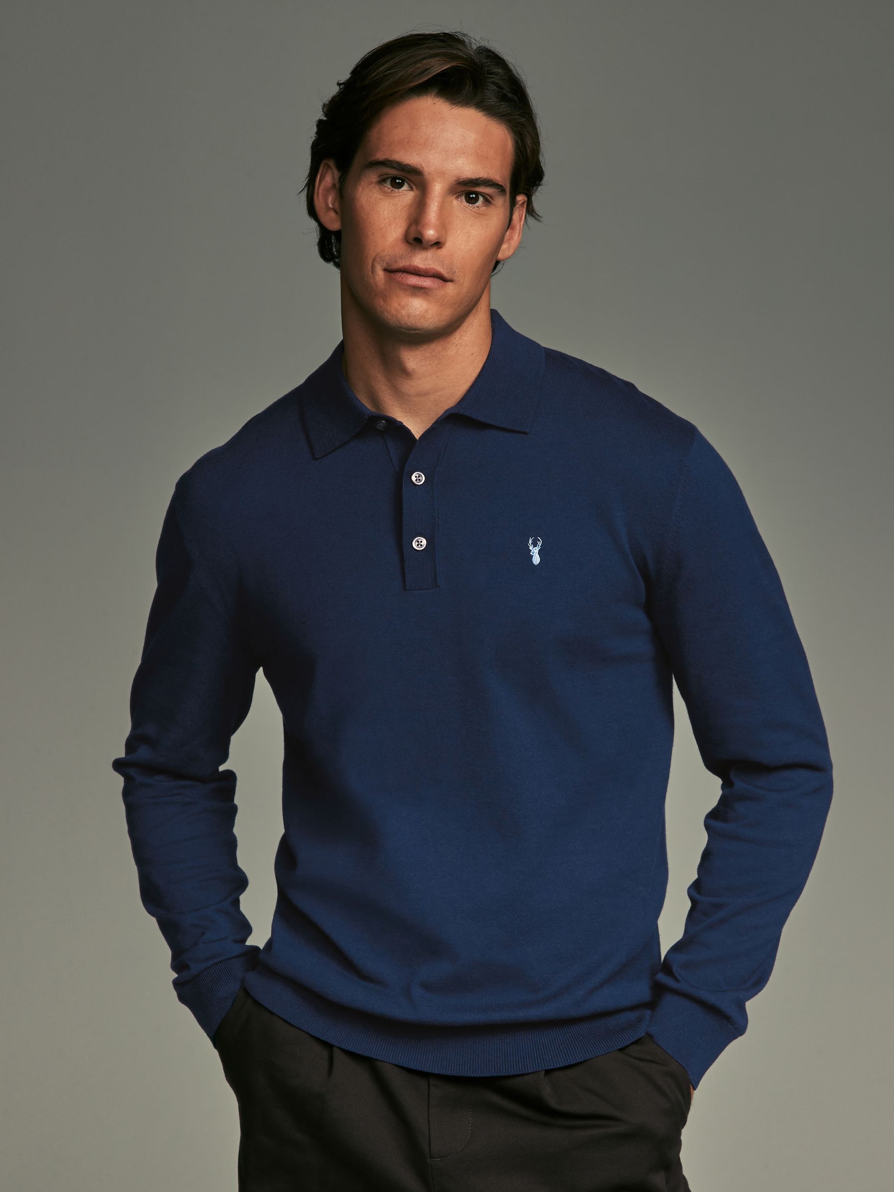 Next：日本 ブルー ネイビー 雄鹿 ロゴ - ニット長袖ポロシャツ from