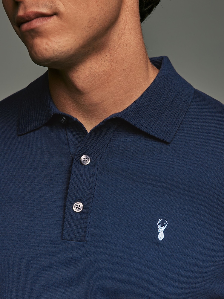 Blue Navy Stag Logo Regular Fit Knitted Long Sleeve Polo Shirt - Image 5 of 8