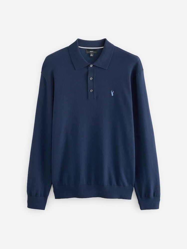Blue Navy Stag Logo Regular Fit Knitted Long Sleeve Polo Shirt - Image 6 of 8