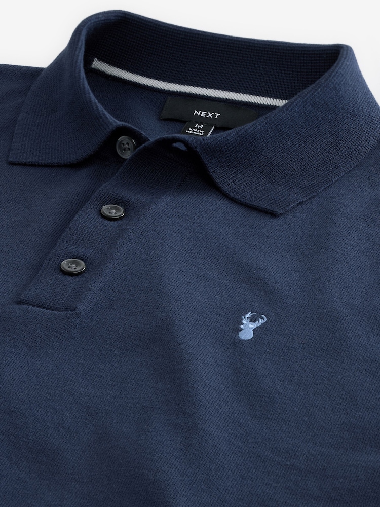 Blaues/marineblaues Hirsch-Logo - Langärmeliges Polo-Shirt aus Feinstrick - Bild 8 von 8 Blaues/marineblaues Hirsch-Logo - Langärmeliges Polo-Shirt aus Feinstrick - Bild 8 von 8