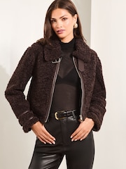 Lipsy Brown Shearling Biker Jacket - Image 1 of 5