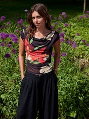 Red/Black Floral Kew Collection Sleeveless Ruched Mesh Top - Image 1 of 6