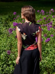 Red/Black Floral Kew Collection Sleeveless Ruched Mesh Top - Image 3 of 6