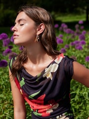 Red/Black Floral Kew Collection Sleeveless Ruched Mesh Top - Image 4 of 6