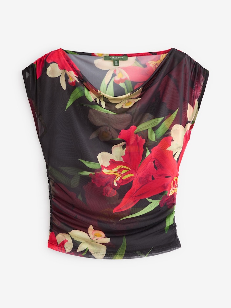 Red/Black Floral Kew Collection Sleeveless Ruched Mesh Top - Image 6 of 6