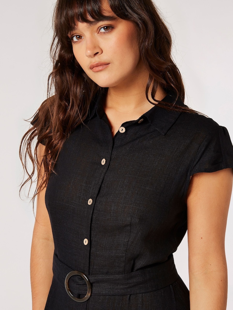 Apricot Black Vintage Midi Shirt Dress With Linen - Image 4 of 4