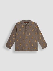 JoJo Maman Bébé Mocha Brown Giraffe Long Sleeve Embroidered Polo Shirt - Image 1 of 3