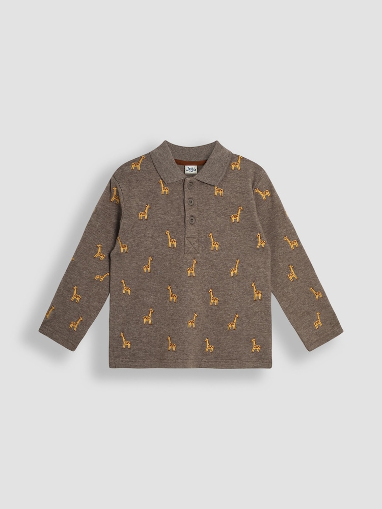 JoJo Maman Bébé Mocha Brown Giraffe Long Sleeve Embroidered Polo Shirt - Image 1 of 3
