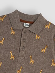 JoJo Maman Bébé Mocha Brown Giraffe Long Sleeve Embroidered Polo Shirt - Image 3 of 3