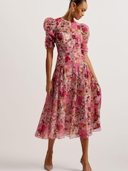 Ted Baker Pink Botani Puff Sleeve Midi Dress - Image 1 of 7