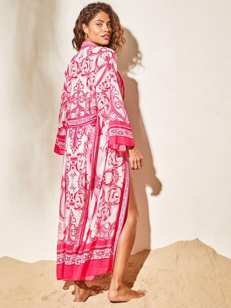 Lipsy Pink Chiffon Printed Tie Kimono - Image 2 of 4 Lipsy Pink Chiffon Printed Tie Kimono - Image 2 of 4