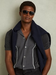 Reiss Steel Blue Meastro Hybrid Velour Cuban Collar Shirt - Image 1 of 6