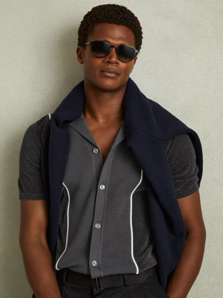Reiss Steel Blue Meastro Hybrid Velour Cuban Collar Shirt - Image 1 of 6
