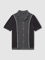 Reiss Steel Blue Meastro Hybrid Velour Cuban Collar Shirt - Image 2 of 6