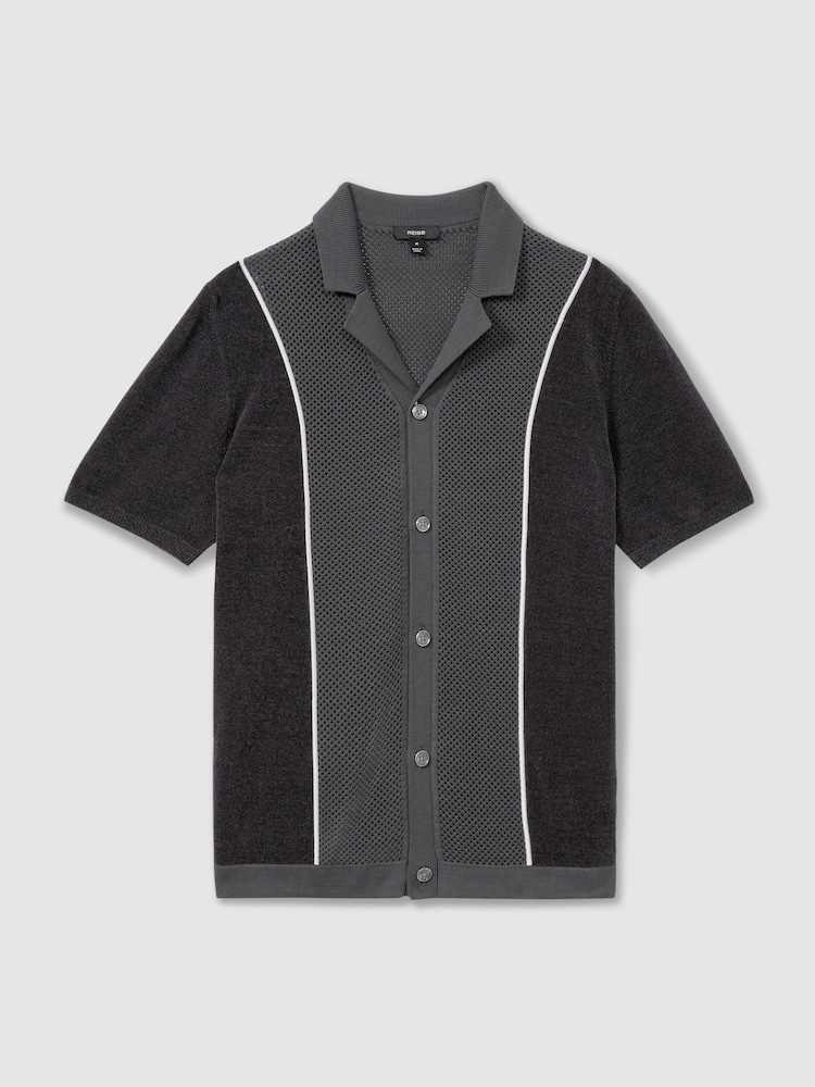 Reiss Steel Blue Meastro Hybrid Velour Cuban Collar Shirt - Image 2 of 6