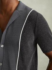 Reiss Steel Blue Meastro Hybrid Velour Cuban Collar Shirt - Image 4 of 6
