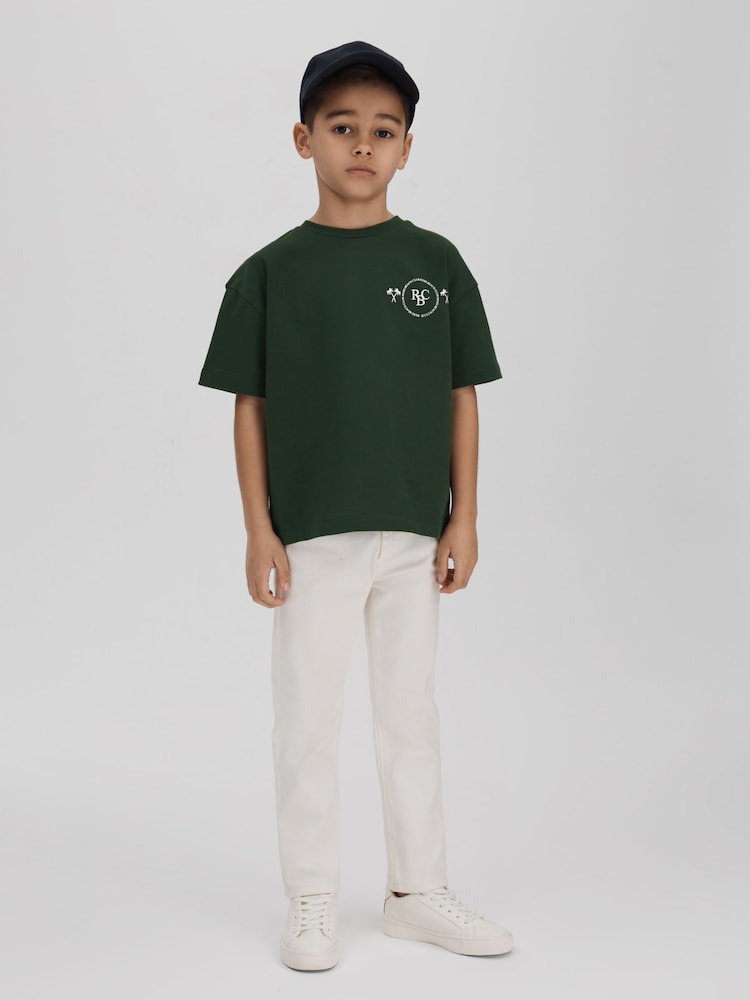 Reiss Dark Green Palm Cotton Crew Neck Motif T-Shirt - Image 2 of 4