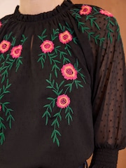 Love & Roses Black Embroidered Ruffle Neck Blouse - Image 2 of 4