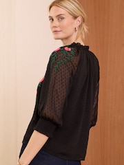 Love & Roses Black Embroidered Ruffle Neck Blouse - Image 4 of 4