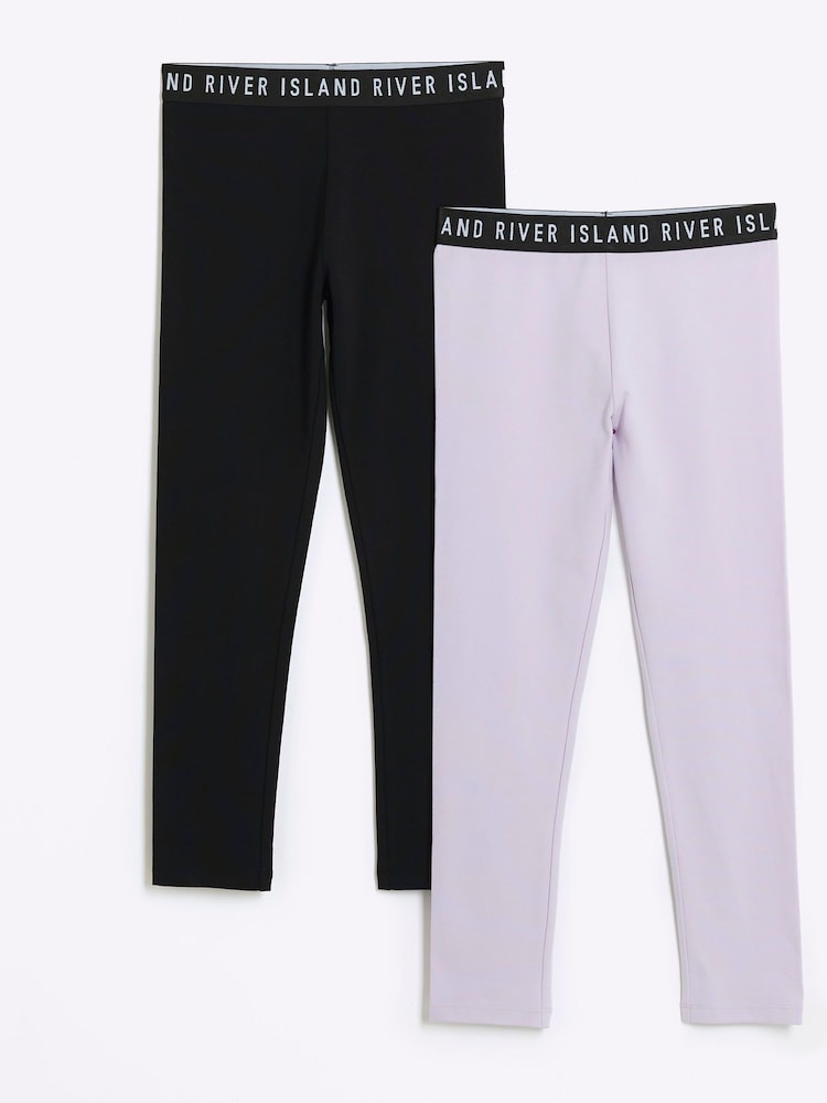River Island Black Girls 100% Cotton Waistband Leggings 2 Pack - Image 1 of 4