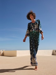 FatFace Harper Blue Ombre Leaves Wide Leg Trousers - Image 1 of 8