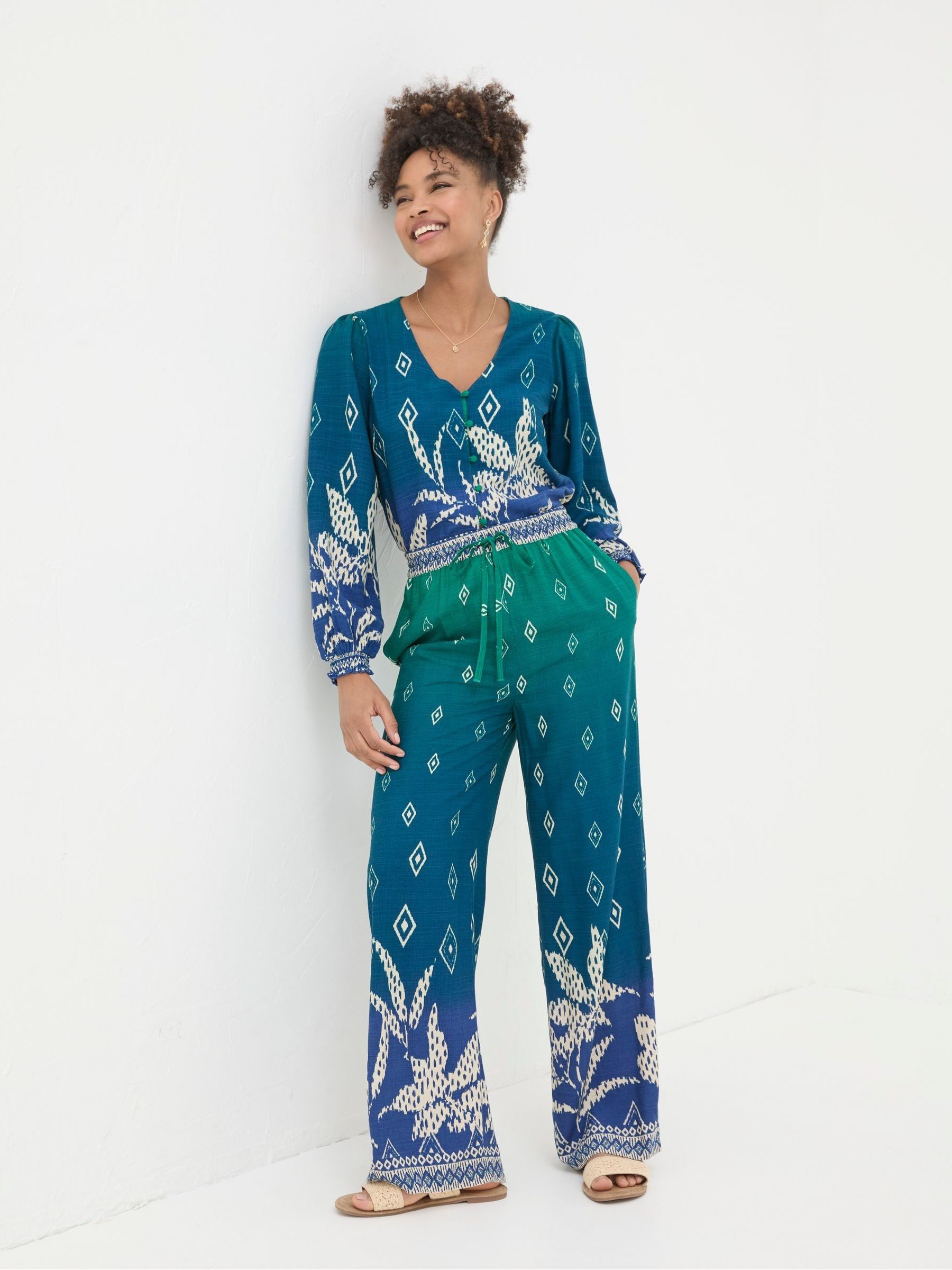 Fat Face Women's Blue Fatface Harper Ombre Leaves Wide Leg Trousers